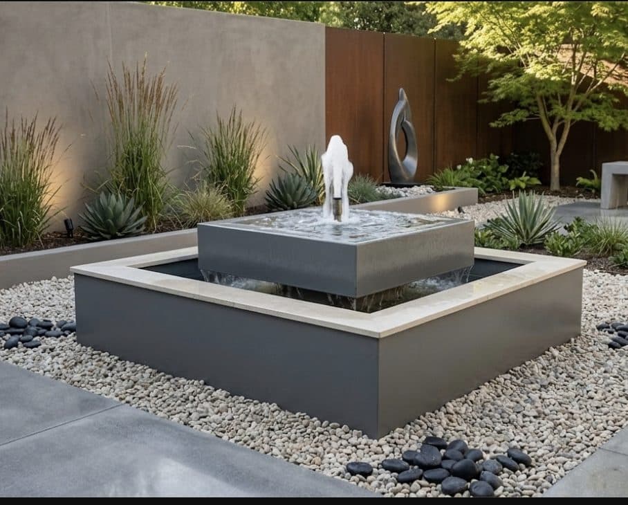 A fountain centre piece within a two-tiered stone base pool