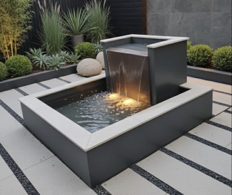 A spherical stone fountain on a decorative stone surround