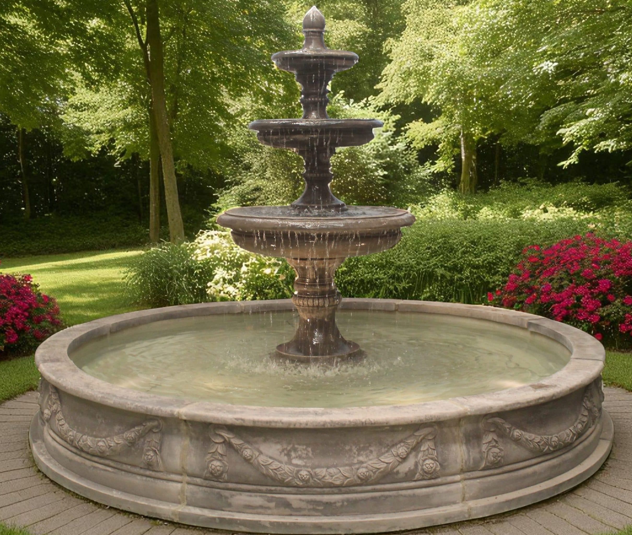 3 Tiered Edwardian Fountain or 3 Graces Fountain with Large Lawrence Pool and Sheet Liner